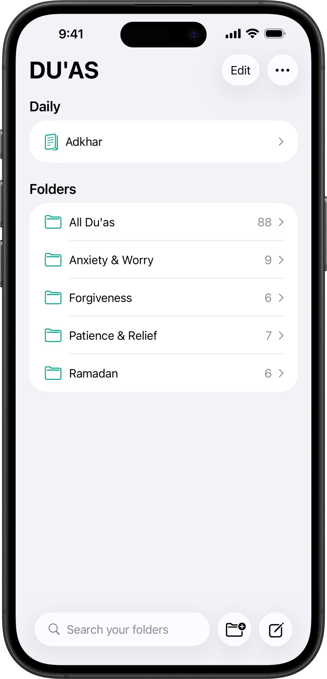 Dua Journal app screenshot in iPhone 17